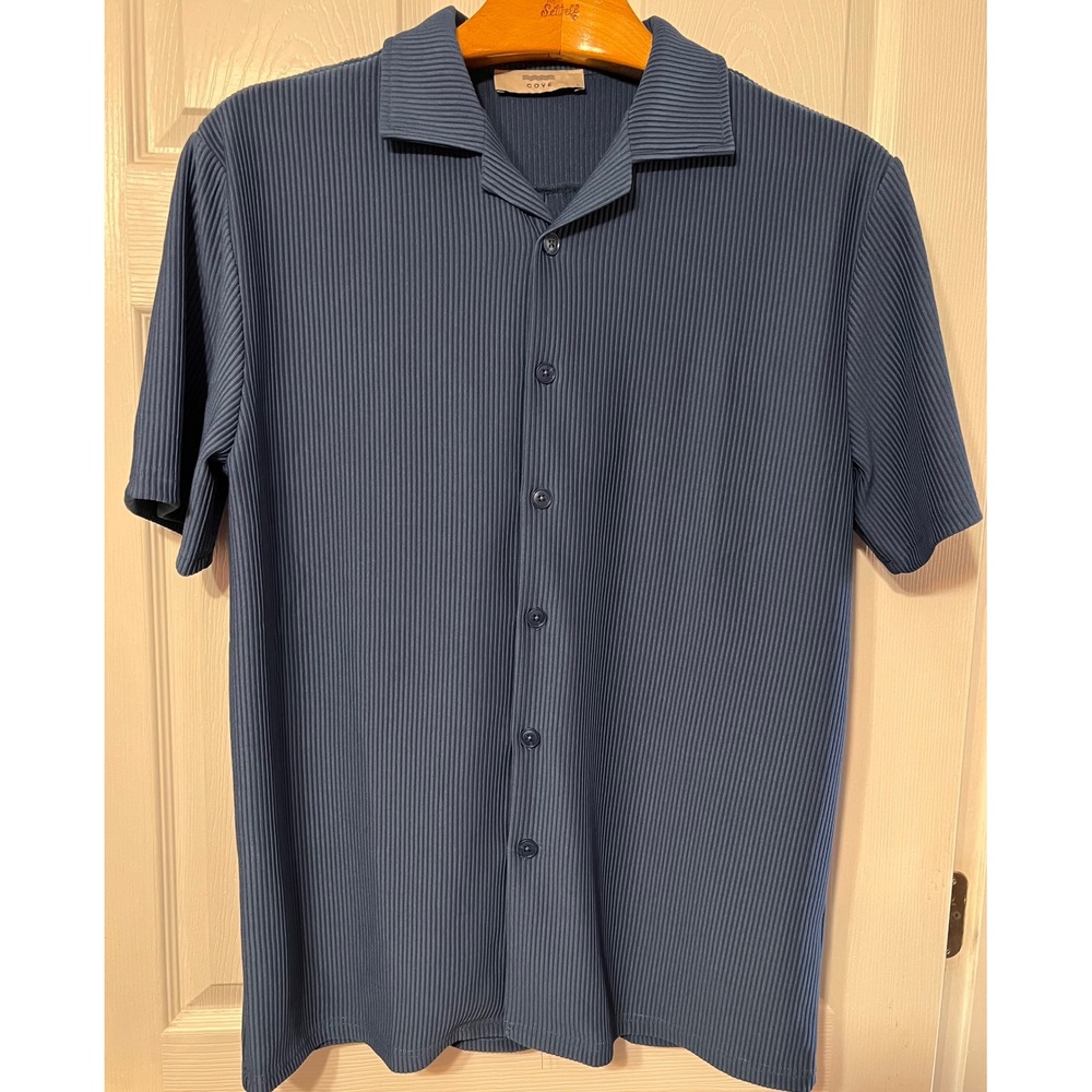 Cove Mens Blue Pleated Short Sleeve Button Down Shirt Plisse Camp‎ Collar Large